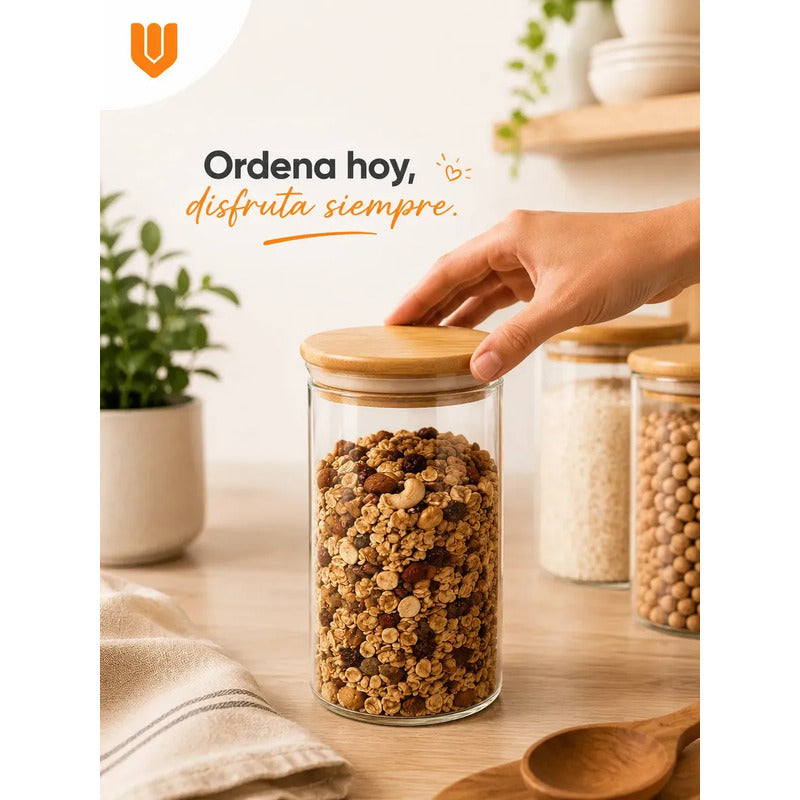 Frasco Vidrio Cocina Hermetico Cilindrico Tapa Bambu 250 Ml 8 Unidades