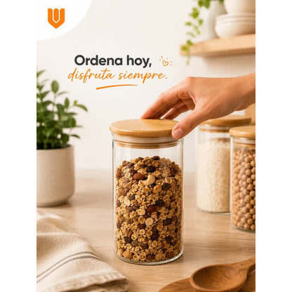 Frasco Vidrio Cocina Hermetico Cilindrico Tapa Bambu 250 Ml 8 Unidades