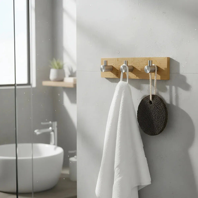 Colgador Pared Bambu Acero Inoxidable Gancho Triple Adhesivo Caramelo Natural Tonalidad Organica Veta Calida Estilo Nordico Decoracion Interior Armonia Espacial