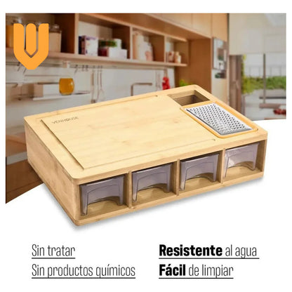 Tabla De Picar Vitrineon Bambu 40x27cm 4 Contenedores Liso Bambú