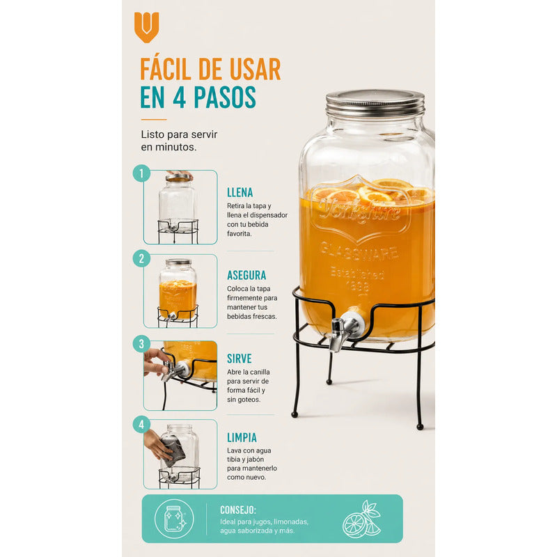 Dispensador Bebida Canilla Mesa Buffet Bar Jugo Fiesta 5lts Transparente Vidrio Cristal Claro Base Acero Cromado Grifo Metálico Negro Plateado Bebidas Jugos Eventos Buffet Mesa Bar