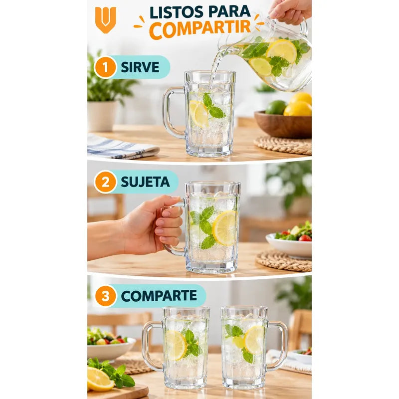 Pack 2 Vasos Vidrio Cerveza Asa 400ml Transparente Shoperos Vasos Vidrio Con Asa 400ml Pack 2 Jarros Cerveceros Transparentes Cerveza Jugo Agua Té Café Frío Relieve Mesa Cocina 400ml