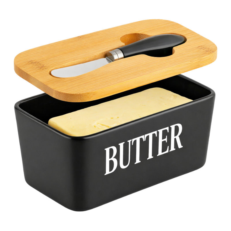 Mantequillero Ceramica Tapa Bambu Cuchillo Mantequilla Bambu