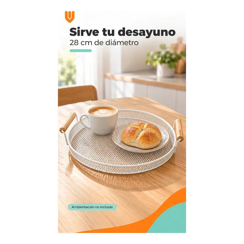 Bandeja Circular Metal Blanco Asas Madera Desayuno 28cm Blanco Bandeja Circular Redonda Malla Metal Asas Madera Base Calada Borde Bajo Servicio Desayuno Once Café Té Cocina 28cm