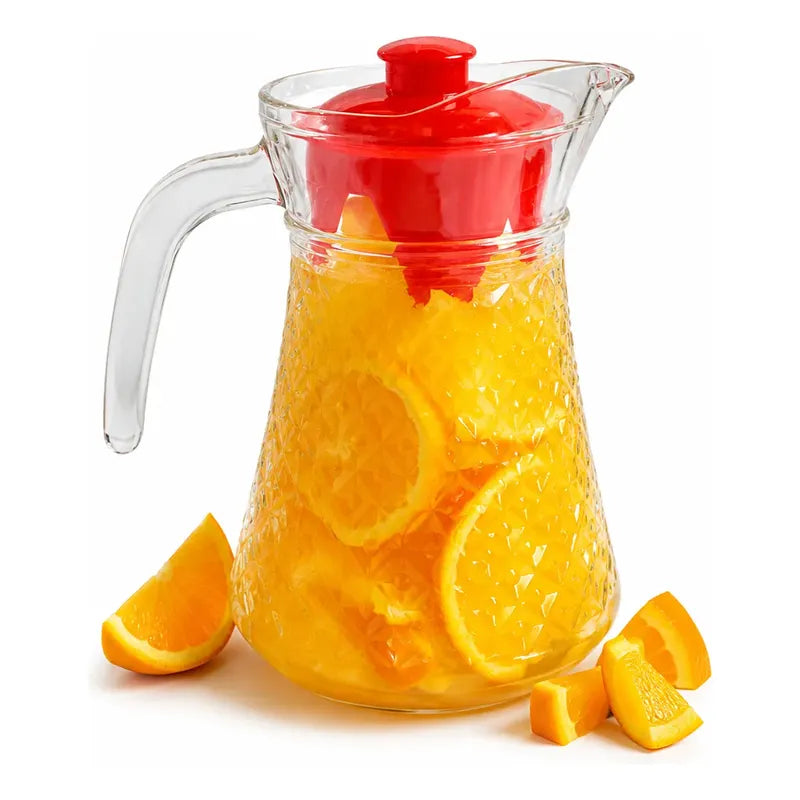 Jarra Vidrio Jugo Agua Decorativa Bebidas Cocteles Frio 1l Transparente Tapa Roja Jarra Vidrio 1 Litro Agua Jugos Bebidas Té... 1 Litro Jarra Refrigerador