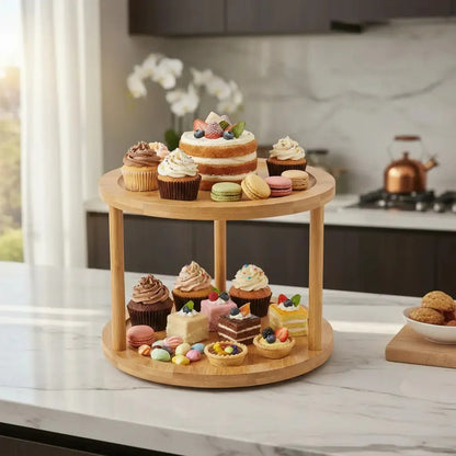 Porta Cupcake Giratorio Bambu Soporte Reposteria Redonda Bambu Natural Tono Madera Claro Elegante Moderno Decorativo Mesa Dulces Estilo Nordico Premium Visual Armonico Hogar