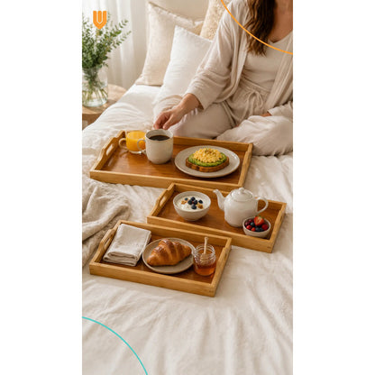 Set 3 Bandejas Asas Bambú Desayuno Servir Rectangulares Set 3 Bandejas Asas Rectangulares Asas Laterales Bordes Diseño Calado Apilables Servicio Hogar Cocina Set 3 Bandejas Asas Bambú