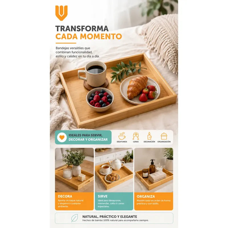 3 Bandejas Bambu Desayuno Rectangulares Multiuso Cocina Marron Bambú Natural Madera Clara Elegante Nordico Artesanal Gourmet Calido Minimalista Cocina Premium
