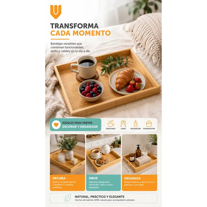 3 Bandejas Bambu Desayuno Rectangulares Multiuso Cocina Marron Bambú Natural Madera Clara Elegante Nordico Artesanal Gourmet Calido Minimalista Cocina Premium