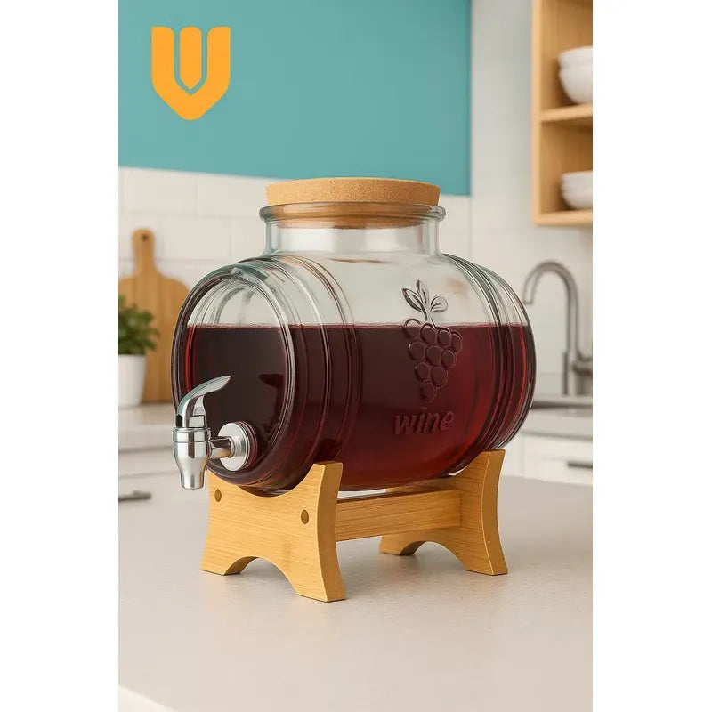 Dispensador Vidrio Premium 5l Base Bambu Natural Frasco Elegante Centro Mesa Buffet Eventos Catering Hogar Cocina Canilla Practica Gran Capacidad Diseño Sofisticado Reuniones