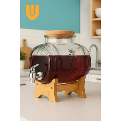 Dispensador Vidrio Premium 5l Base Bambu Natural Frasco Elegante Centro Mesa Buffet Eventos Catering Hogar Cocina Canilla Practica Gran Capacidad Diseño Sofisticado Reuniones