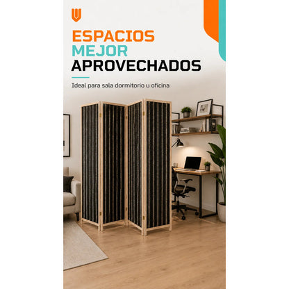 Biombo Separador Ambiente Madera Ratan 4 Paneles 180cm Biombo Ratán Negro Beige 4 Paneles Biombo Ratan Plegable 4 Paneles 180... 180cm