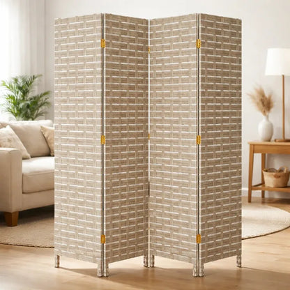 Biombo Separador Plegable Living Dormitorio Oficina 180 Cm Tejido Geométrico Trenzado Natural Líneas Horizontales Paneles Plegables Decoración Moderna Interior Elegante Premium Beige Arena Gris...