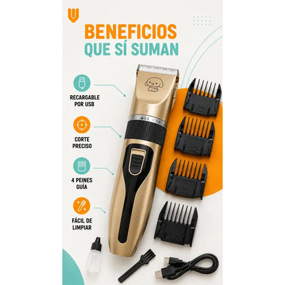 Maquina Peluquera Profesional Corta Pelo Mascotas Perro Gato Negro Dorado Acabado Brillante Rasuradora Mascotas Geemy Gm6063 Cuerpo Oscuro Detalles Oro Peines Tijera Lima Kit Cortes