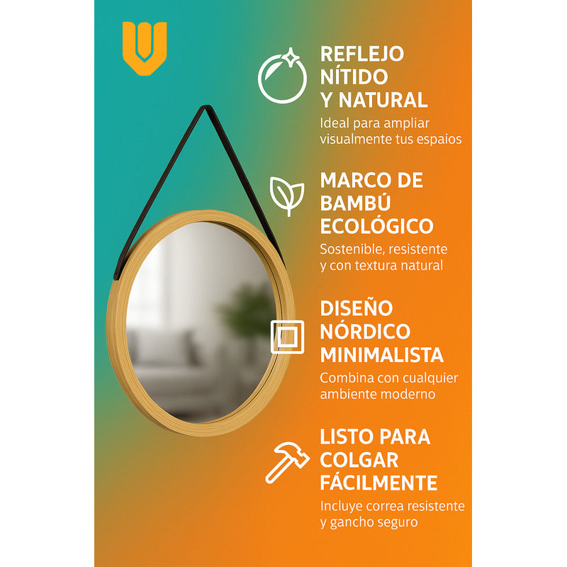 Espejo Redondo Colgante Bambu Decorativo Espejo Pared 25 Cm Bambú