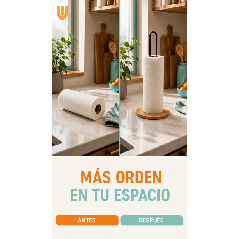 Soporte Toalla Nova Porta Rollo Toallas Papel Vertical Porta Toalla Nova Portarrollos Cocina Papel Absorbente Madera Metal Negro Vertical Sobremesa Base Circular