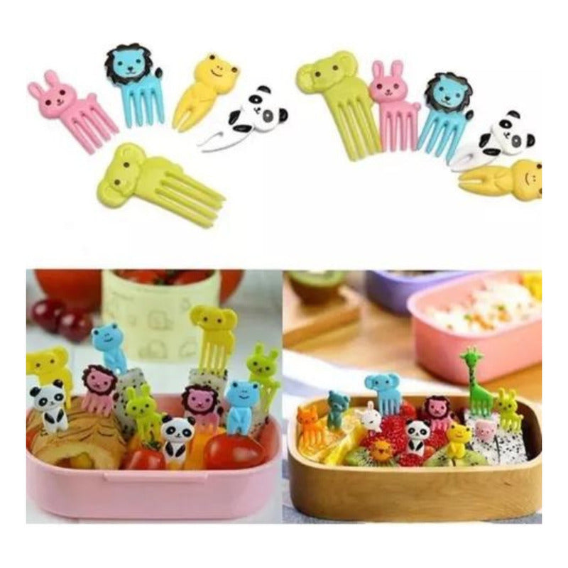 Set De 10 Mini Tenedores Pinchos Animales Lonchera Niños Mango Colores