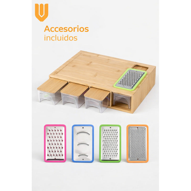 Tabla De Picar Vitrineon Bambu 40x27cm 4 Contenedores Liso Bambú