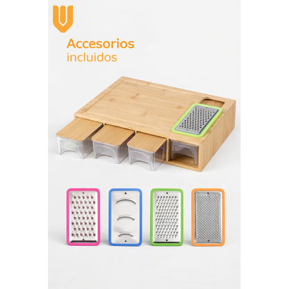 Tabla De Picar Vitrineon Bambu 40x27cm 4 Contenedores Liso Bambú