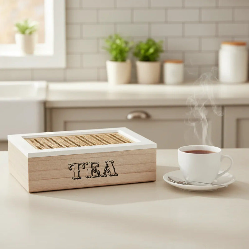 Vitrineon Organizador Te Madera Bambu Cocina Decoracion Chic Tono Madera Oscura Natural Acabado Elegante Estilo Nordico Moderno Decorativo Vetas Visibles Premium Cocina Hogar Estetica Calida