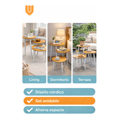 Set 3 Mesas Centro Redondas Bambu Living Minimalista Moderno Bambú