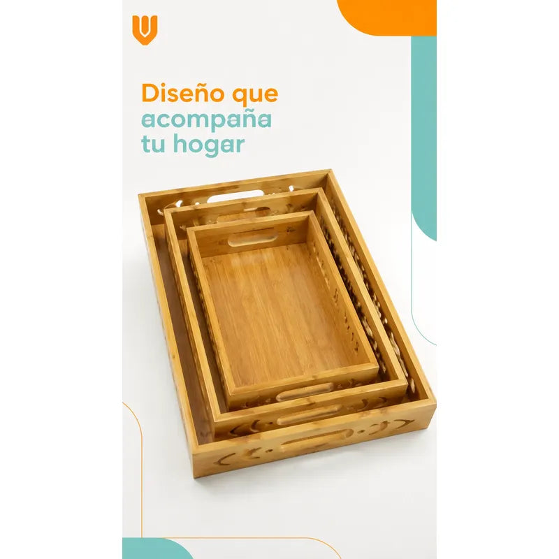 Set 3 Bandejas Desayuno Rectangular Bambú Servir Decorativas Set 3 Bandejas Bambú Rectangulares Asas Laterales Bordes Diseño Calado Apilables Servicio Hogar Cocina Set 3 Bandejas Desayuno