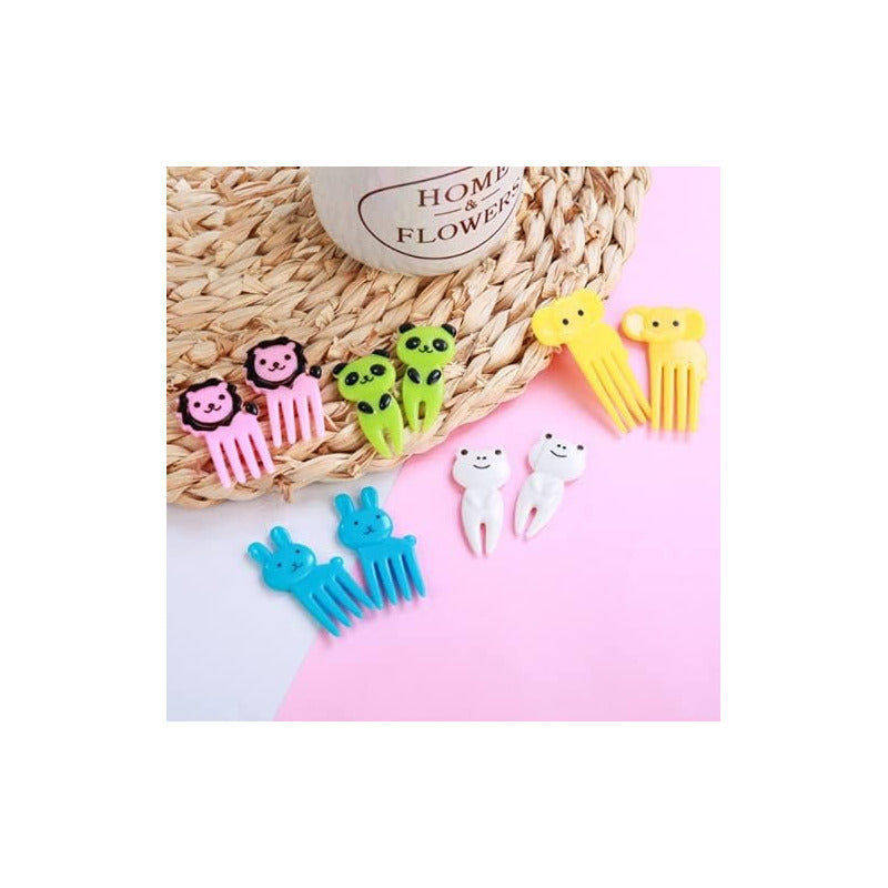 Set De 10 Mini Tenedores Pinchos Animales Lonchera Niños Mango Colores