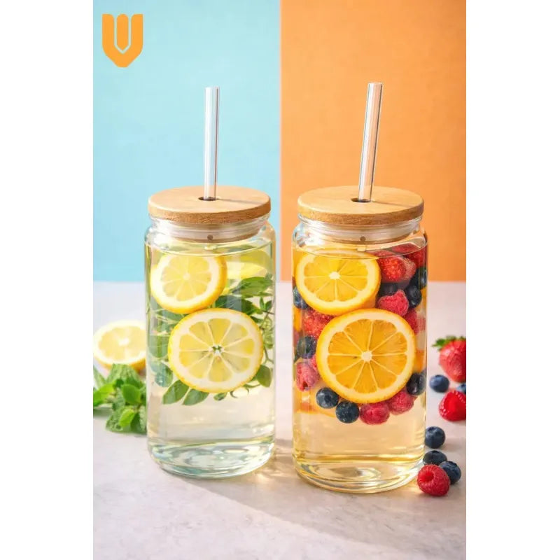 Set 2 Vasos Vidrio 630ml Tapa Bambu Bombilla Cristal Bebidas Set 2 Vasos Vidrio Transparente Tapa Bambu Bombilla Vidrio Reutilizable Apto Lavavajillas Estilo Vintage Hogar Cocina Transparente