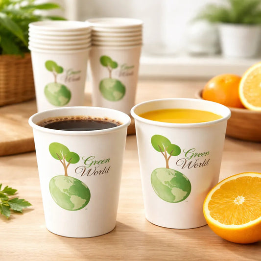 Vasos Desechable Compostables Biodegradable Café Jugo Agua X150 Unidades Blanco Verde Natural Eco Biodegradable Sustentable Diseño Limpio Consumo Responsable Cafeteria Bebidas