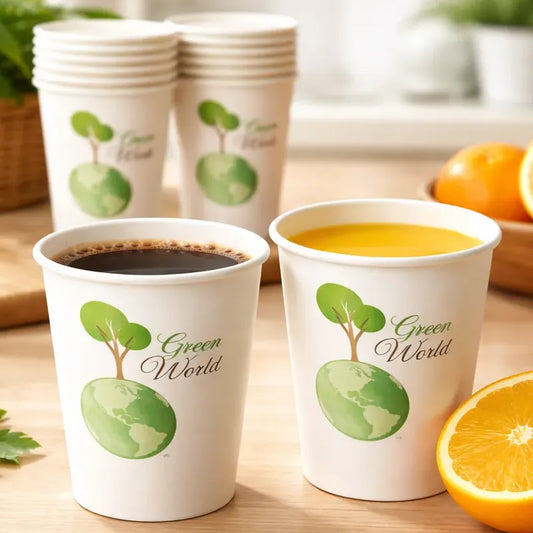 Vasos Desechable Compostables Biodegradable Café Jugo Agua X150 Unidades Blanco Verde Natural Eco Biodegradable Sustentable Diseño Limpio Consumo Responsable Cafeteria Bebidas