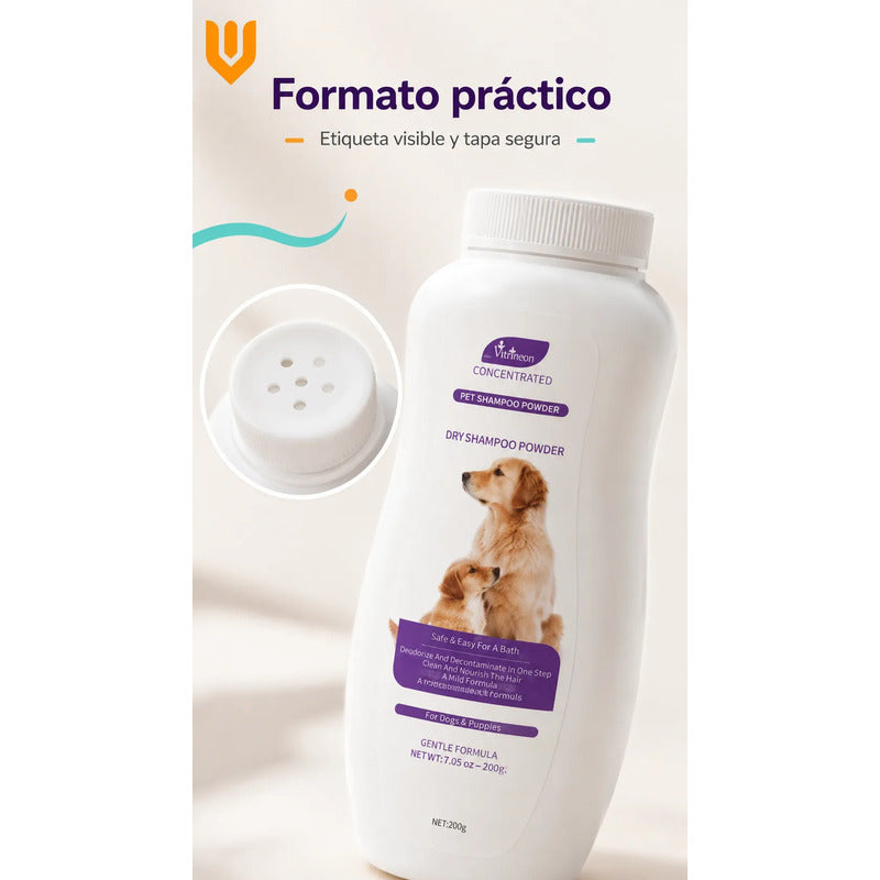 Shampoo Seco Perro Desenredante Anticaida Pelo Polvo Higiene Shampoo Seco Perro Polvo 200 G Baño Seco Desodorizante Desenredante Anticaída Pelo Higiene Limpieza Rápida Pelaje Suave - 200g
