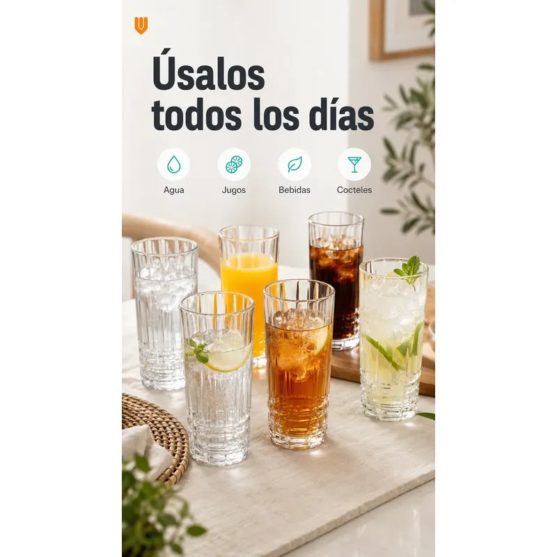 Set Vasos Vidrio Jugo Bebida Transparente Cristal 300 Ml Transparente Cristalino Vidrio Incoloro Brillante Elegante Neutro Cocina Comedor Jugos Bebidas Cocteles Pack 6 Vasos 300 Ml