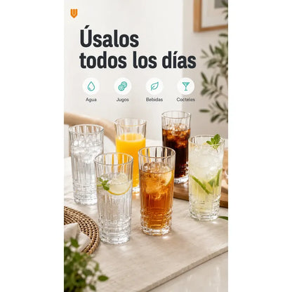 Set Vasos Vidrio Jugo Bebida Transparente Cristal 300 Ml Transparente Cristalino Vidrio Incoloro Brillante Elegante Neutro Cocina Comedor Jugos Bebidas Cocteles Pack 6 Vasos 300 Ml
