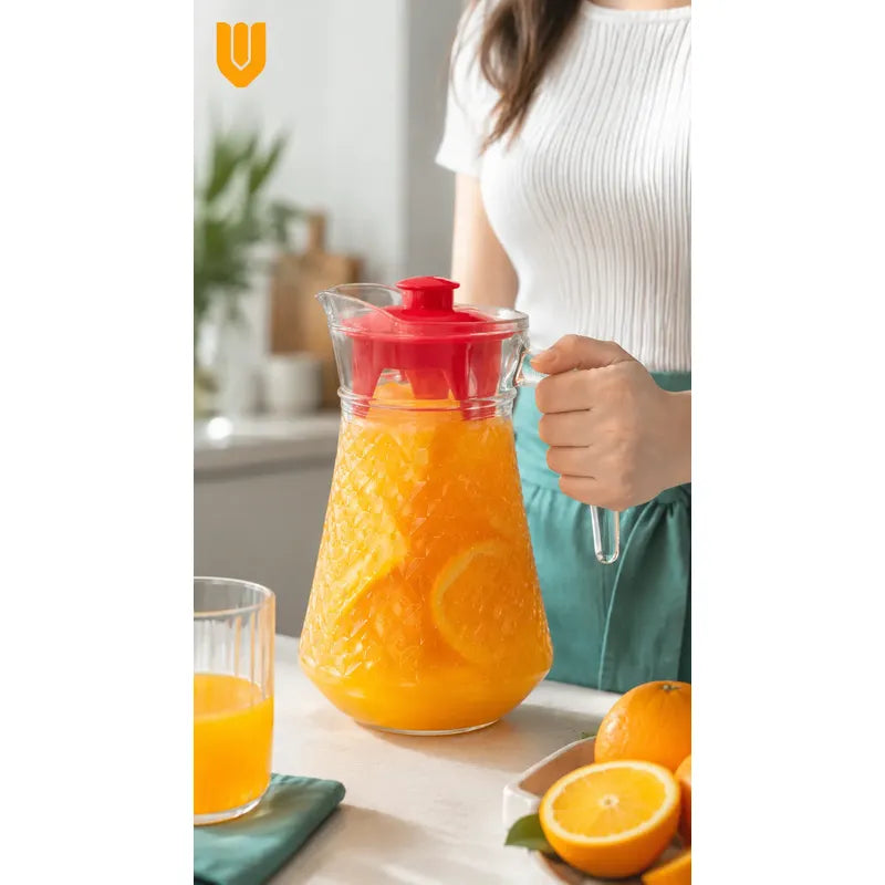 Jarra Vidrio Jugo Agua Decorativa Bebidas Cocteles Frio 1l Transparente Tapa Roja Jarra Vidrio 1 Litro Agua Jugos Bebidas Té... 1 Litro Jarra Refrigerador
