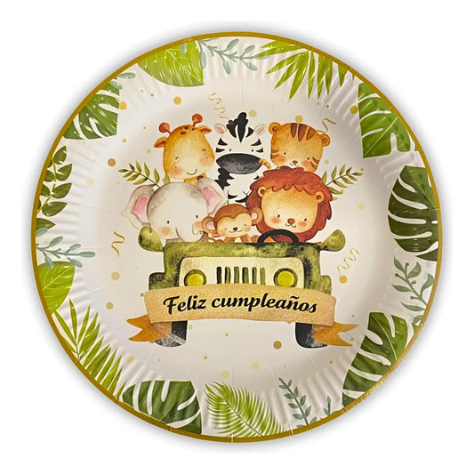 10 Plato De Carton Safari Cumpleaños Safari Animales 23 Cm Multicolor Jungla Safari
