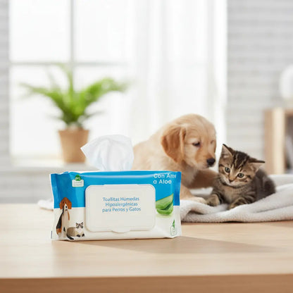 Toallas Humedas Aloe Vera  Mascota Limpieza Perro Gato 50und Aroma Aloe Vera Fresco Suave Natural Agradable Duradero Sensacion Limpieza Profunda Cuidado Piel Mascota Uso Diario