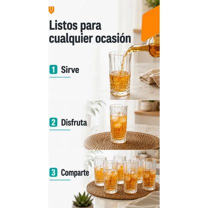 Set Vasos Vidrio Jugo Bebida Transparente Cristal 300 Ml Transparente Cristalino Vidrio Incoloro Brillante Elegante Neutro Cocina Comedor Jugos Bebidas Cocteles Pack 6 Vasos 300 Ml