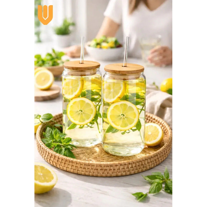 Set 2 Vasos Vidrio 630ml Bombilla Cristal Tapa Bambu Set 2 Vasos Vidrio Transparente Tapa Bambu Bombilla Vidrio Reutilizable Apto Lavavajillas Estilo Vintage Hogar Cocina Transparente