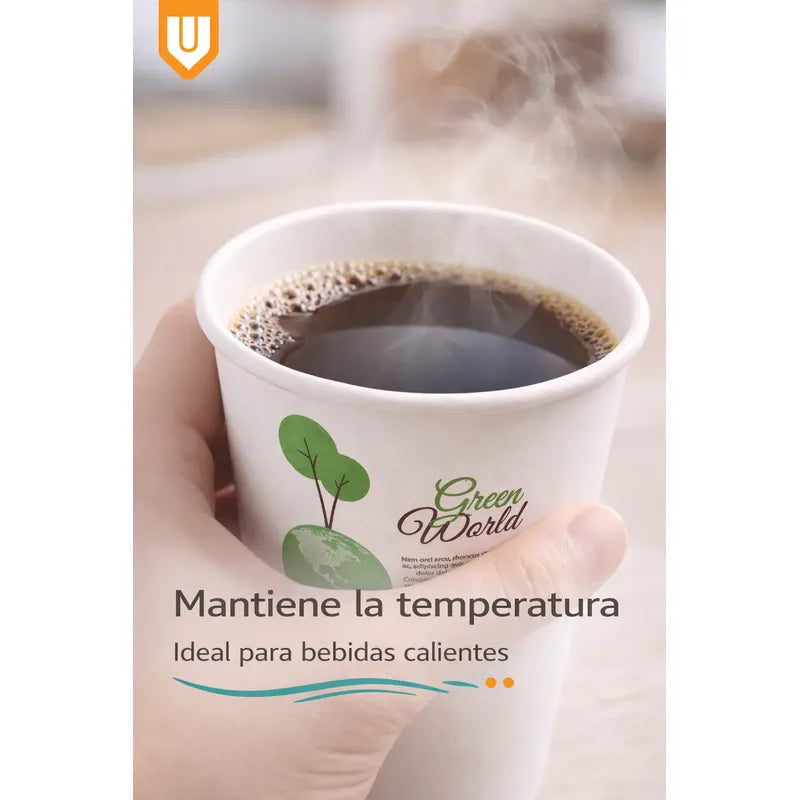 Vasos Desechable Compostables Biodegradable Café Jugo Agua X50 Unidades Blanco Verde Natural Eco Biodegradable Sustentable Diseño Limpio Consumo Responsable Cafeteria Bebidas