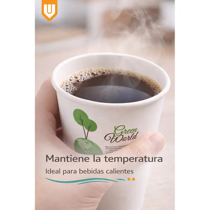 Vasos Desechable Compostables Biodegradable Café Jugo Agua X100 Unidades Blanco Verde Natural Eco Biodegradable Sustentable Diseño Limpio Consumo Responsable Cafeteria Bebidas