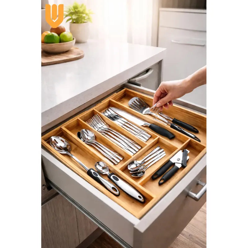 Organizador Cubiertos Bambú Expandible Cajón Cocina Ajustabl Bambú