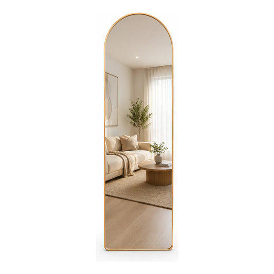 Espejo Ovalado Cuerpo Completo Curvo Soporte Decorativo Bronce Metalizado Satinado Elegante Moderno Premium Decorativo Minimalista Luxury Vintage Cálido Sofisticado