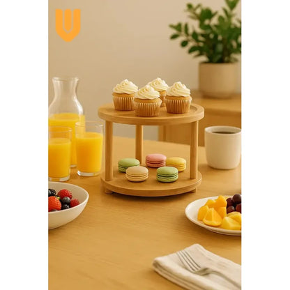 Porta Cupcake Vitrineon Bambu Giratoriodulces Decorativa Bambu Tono Madera Natural Claro Elegante Moderno Decorativo Mesa Dulces Postres Estilo Nordico Visual Premium Hogar