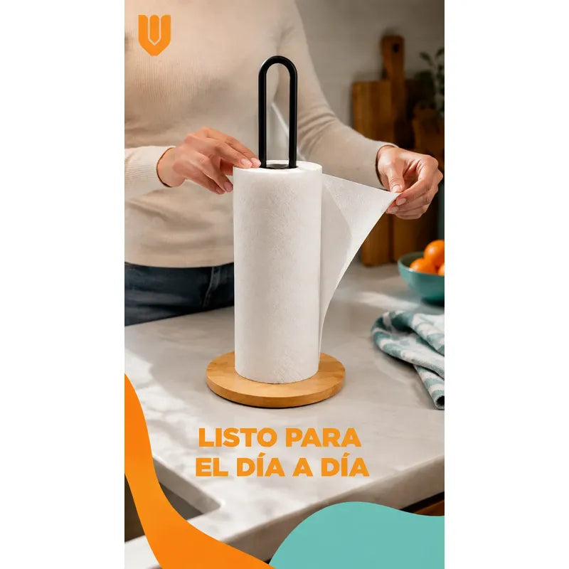 Soporte Toalla Nova Porta Rollo Toallas Papel Vertical Porta Toalla Nova Portarrollos Cocina Papel Absorbente Madera Metal Negro Vertical Sobremesa Base Circular