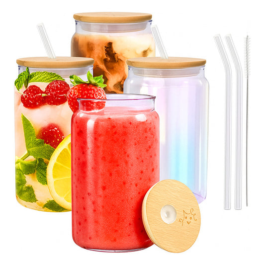 X4 Vaso Lata De Vidrio Con Bombilla Tapa De Bambu 480ml