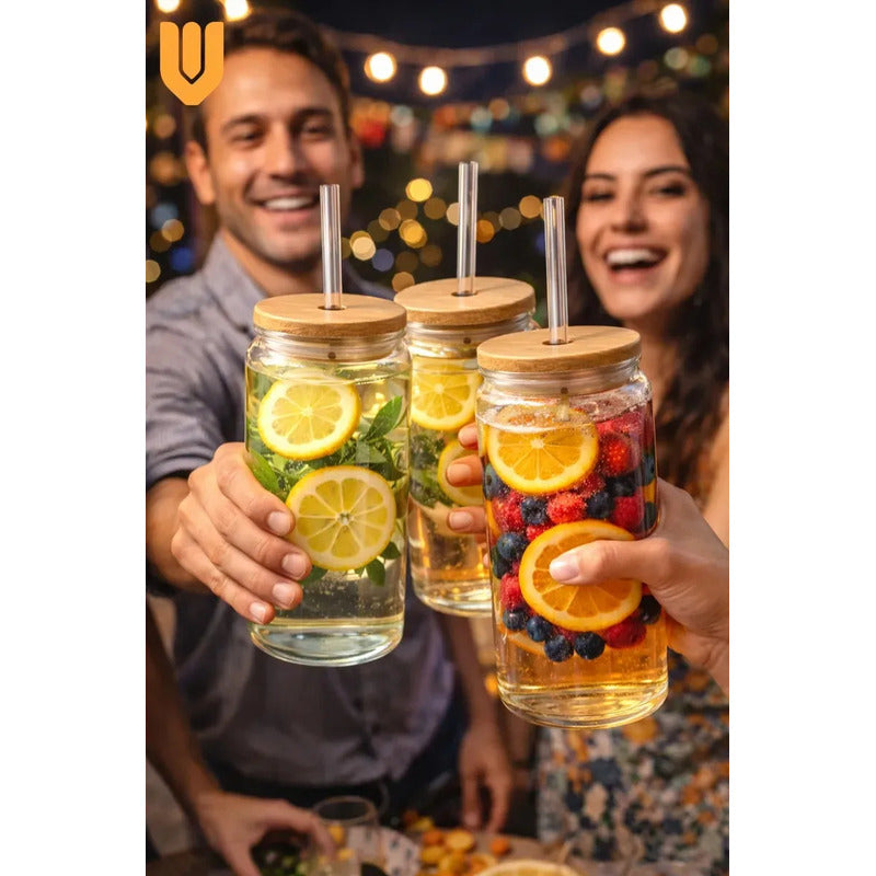 Set 2 Vasos Vidrio 630ml Tapa Bambu Bombilla Cristal Bebidas Frias Jugo Te Helado Cafe Frio Smoothie Limonada Refrescos Uso Diario Hogar Cocina Regalo Decorativo Estilo Moderno