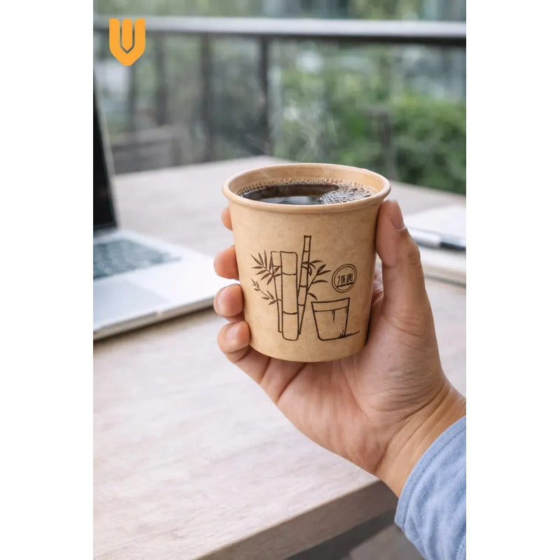 Vasos Cafe Te Agua Desechable Descartable Carton Modelo 9oz 150 Unidades Marrón Kraft Natural Acabado Mate Papel Ecologico Estilo Organico Look Cafeterias Minimalista Elegante