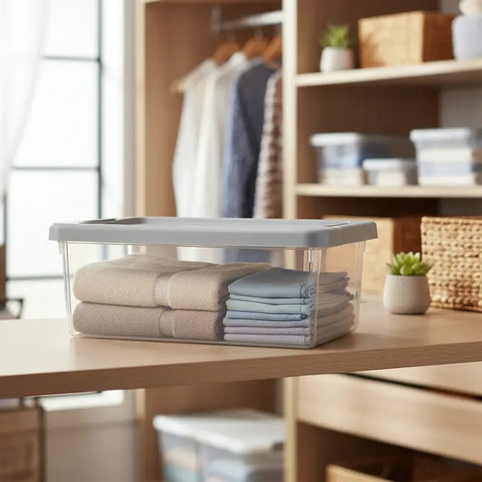 Caja Plastica Organizadora Apilable Hogar Almacenamiento 10l Transparente Tapa Gris Organizadora