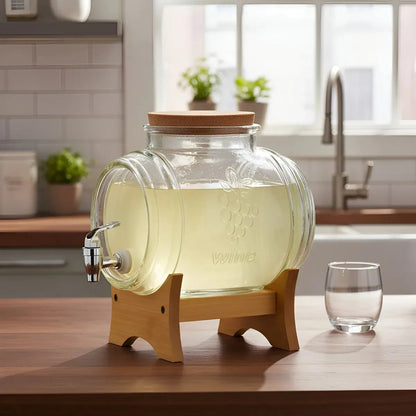 Dispensador Bebidas Vidrio 5l Base Bambu Canilla Plastica 32 5cm Altura 58cm Diametro 2kg Frasco Transparente Hogar Eventos Juntas Fiestas Agua Jugo Mesa Buffet Reuniones Cocina Premium