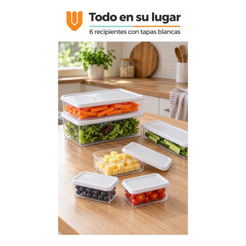 Set 6 Taper Organizadores Hermetico Tapa Conserveros Tupper Transparente Organizadores Alimentos Refrigerador Cocina Despensa Acrílico Transparente Tapas Blancas Rectangulares